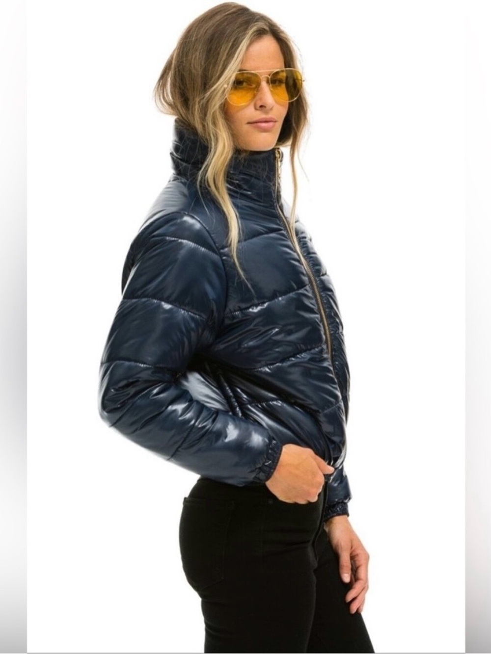 Aviator Nation Bolt Luxe puffer navy yellow glossy jacket /Coat Medium - Picture 2 of 9